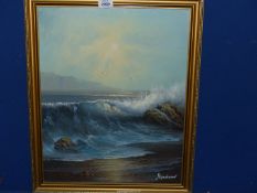 A 20th century Oil on canvas of Nordic coastal scene with lapping waves on rocks and seagulls,