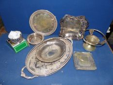 A quantity of plated items to include trays, teapot stand and bowl, wine bottle coaster, etc.