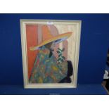 A palette Oil painting of a South American lady in a sombrero and colourful dress,