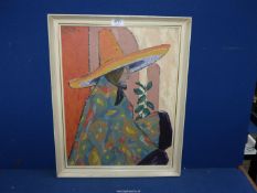A palette Oil painting of a South American lady in a sombrero and colourful dress,