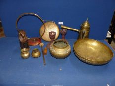 A quantity of eastern brass including bowl, coffee pot, gong,