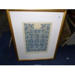 A framed and mounted Print titled "Indian Scarf End Embroidered at Dacca on white muslin,