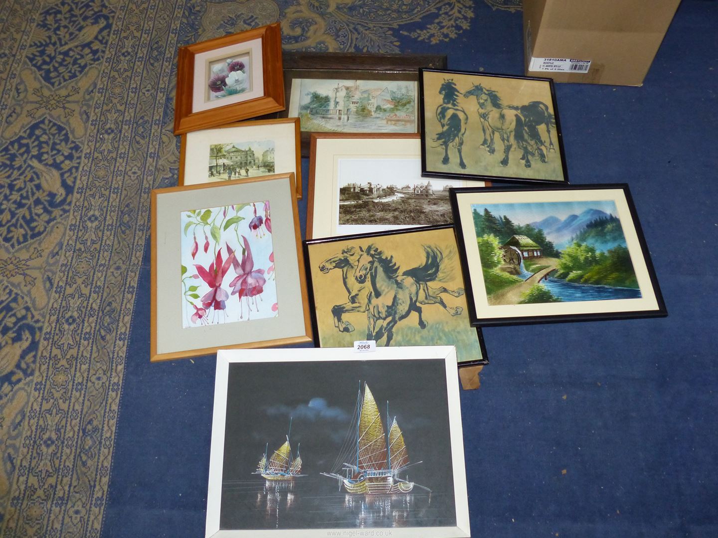 A quantity of prints to include oriental scenes, horses, Southbourne, watercolour of Fuchsias, etc.