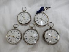 Five key wound silver pocket watches with Roman numerals and inset second hands by: "B.