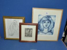 Three etchings, The Three Graces, A Female Potter, and a Portrait of a Woman.