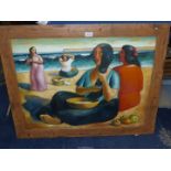 A large unsigned Oil on canvas depicting four ladies on the beach, no visible signature,