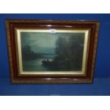 A framed and glazed Oil painting depicting two figures in a rowing boat in moonlight,