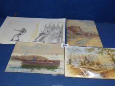 Four unframed watercolours and drawings.