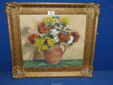 A still life of flowers in a terracotta jug, Oil on canvas by Joan Hadfield.