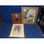 Three watercolours, a 19th C gent, female nude and a female portrait.