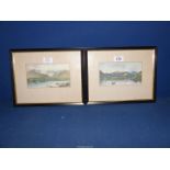 A pair of framed and mounted Prints of Loch scenes with rowing boats and rocky mountains in the
