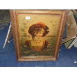 An Edwardian oleograph of a contemporary lady in a fancy hat within a period gilt-gesso frame.