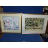 A framed and mounted print of pots of flowers, no visible signature,