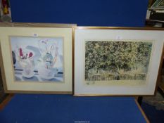 A framed and mounted print of pots of flowers, no visible signature,