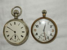 Two crown wound pocket watches including one white metal cased and with Roman numerals and inset