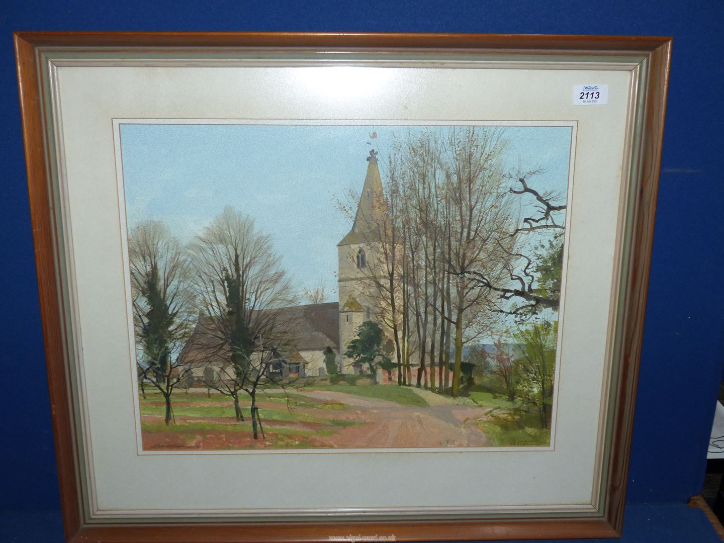 An Allan B Laycock, acrylic and watercolour on board, of Corse Church April Evening, 1989.