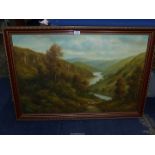 A large Oil on canvas of British river valley, flock of sheep and wood in foreground,