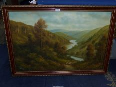 A large Oil on canvas of British river valley, flock of sheep and wood in foreground,