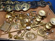 A quantity of brass including candlesticks, Martingale, birds, horses, ashtray, etc.