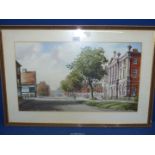 A large framed and mounted Watercolour depicting a Street scene with church and public buildings,