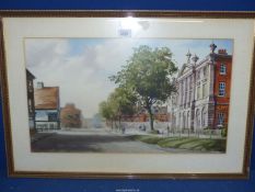 A large framed and mounted Watercolour depicting a Street scene with church and public buildings,