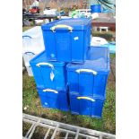 Five Blue plastic storage boxes, each 26 1/2 x 17" x 14 1/2" high.