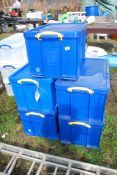 Five Blue plastic storage boxes, each 26 1/2 x 17" x 14 1/2" high.