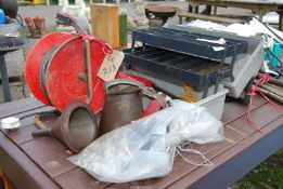 Extension lead, tool box & contents, vintage oil can & funnel, etc.