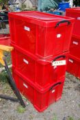 Three red plastic storage boxes - 17" x 27" x 14 1/2" high.