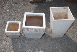 Two square glazed planters plus another (one a/f).