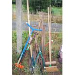 Large quantity of garden tools - forks, shovel, loppers, brushes, saw, etc.
