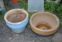 Two glazed planters; one 18" x 9", the other 14 1/2" x 11 1/2".