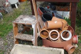 Six-way Gulley pot, pipe work, wooden step stool, etc.