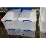 Four Plastic storage boxes with clip-on lids, each 27" x 17" x 13" high.