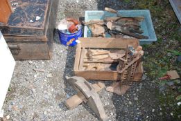 Two trays of tools: Car jack, morris rope pulley, wire cutters, and other various old tools.