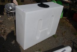 A plastic tank with bottom outlet.