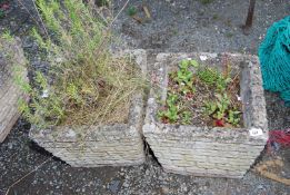 Two square brick effect concrete planters, 15" square x 13" high.