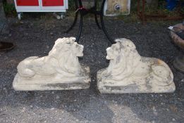 A pair of concrete lion figures, 18" high, on 27 1/2" x 11 1/2" base.