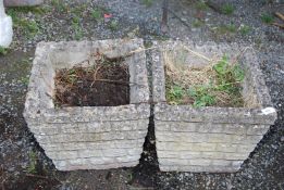 Two square brick effect concrete planters, 15" square x 13" high.