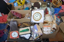 Four boxes of miscellaneous including: mixed china, as new 1960 clock, wall mirror, etc.
