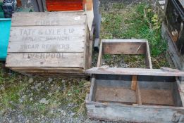 Old wooden crates to include 'Tate & Lyle', etc.
