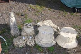 A quantity of garden ornaments; 3x frogs, a fish, Snow White and 2x pillars.