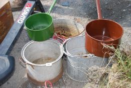 Galvanised buckets, aluminium pan and two enamel saucepans.