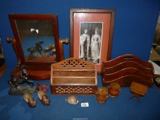 A quantity of treen and a cast horse's head, dressing table mirror and framed picture of T.M.