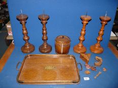 A quantity of treen to include; four pricket stands, biscuit barrel, tray with brass handles, etc.