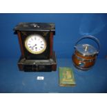 A slate Mantle clock a/f., treen biscuit barrel and an old Midland Bank savings money box.