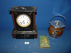 A slate Mantle clock a/f., treen biscuit barrel and an old Midland Bank savings money box.