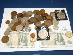 A quantity of English coins and notes, commemorative crowns, etc.