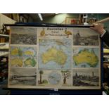 A vintage wall hanging German poster of Australia on canvas, 39" x 27 1/2".