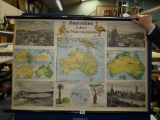 A vintage wall hanging German poster of Australia on canvas, 39" x 27 1/2".